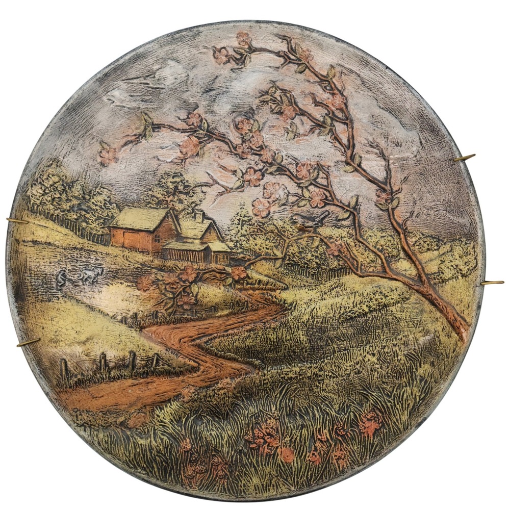 Vintage Byron Molds 1972 Ceramic Wall Plaque 3D Bas Relief Farm Landscape 13.25"